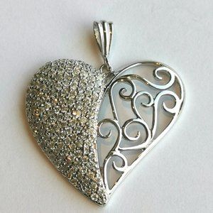 New, heart pendant in Sterling Silver filigree and pave set cz